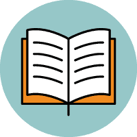 Icon of a book over an aqua colored circle