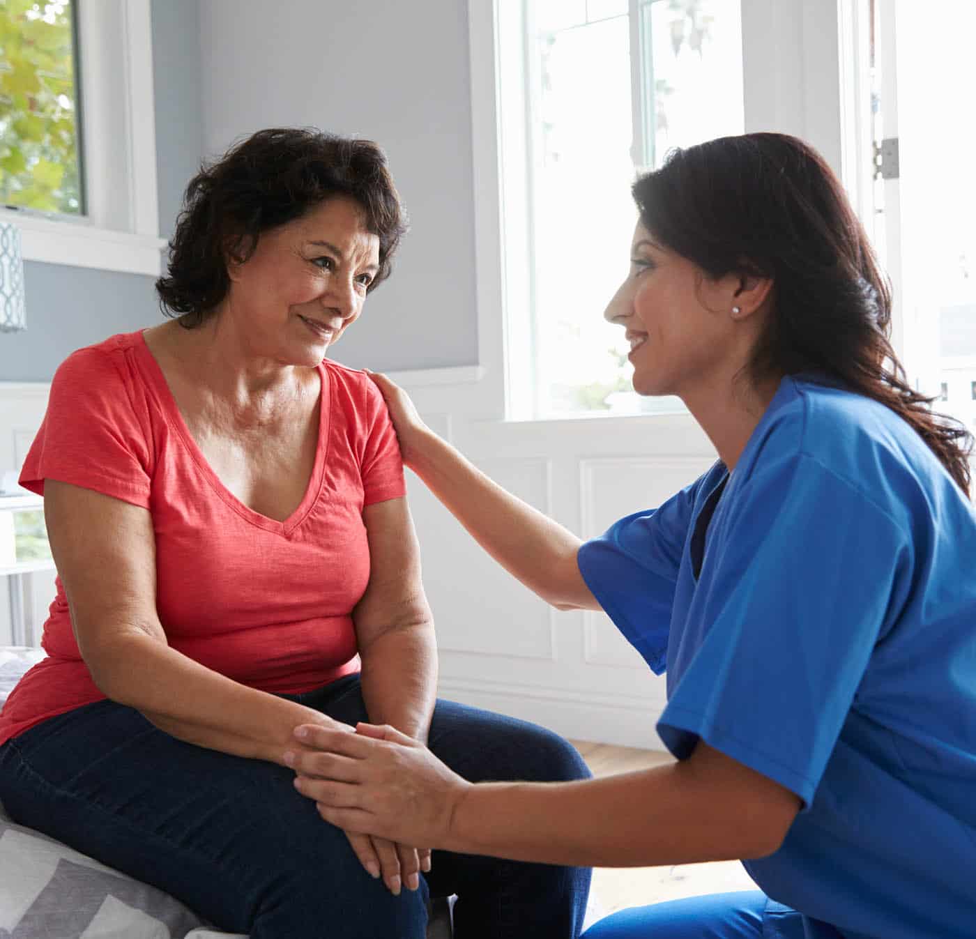 A nurse representing a home care agency, holds the hand of an elderly woman seated on a chair.
